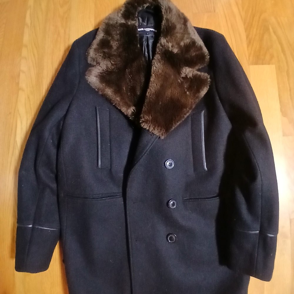 Karl Lagerfeld Black Pea Coat with Brown Fur Collar